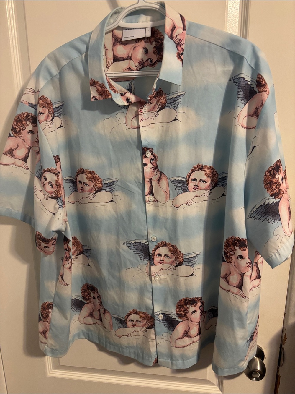 ASOS Sky Blue Cherub Print Short Sleeve Button-Down Shirt